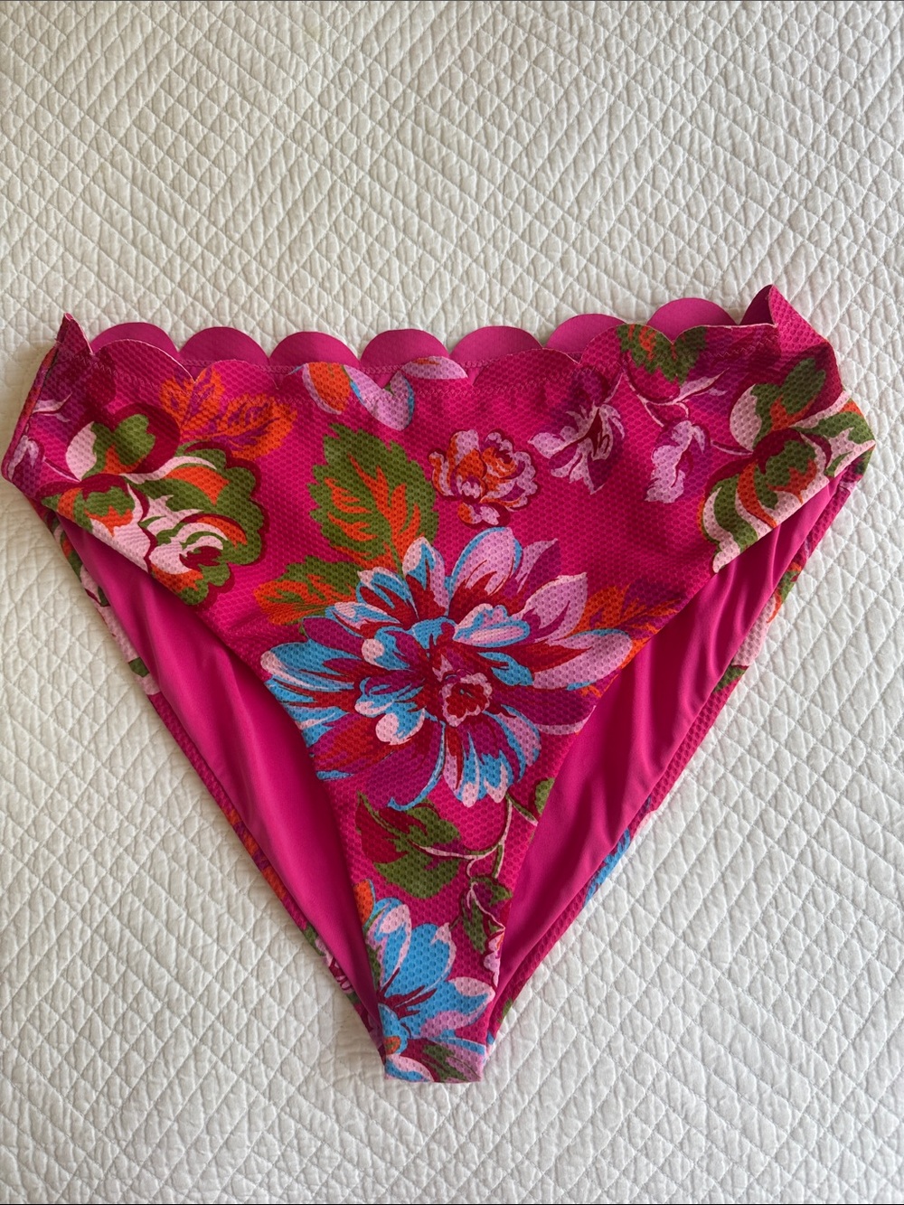Beach Riot Hot Pink Floral Scallop Bikini Bottoms with Blue & Green Blooms